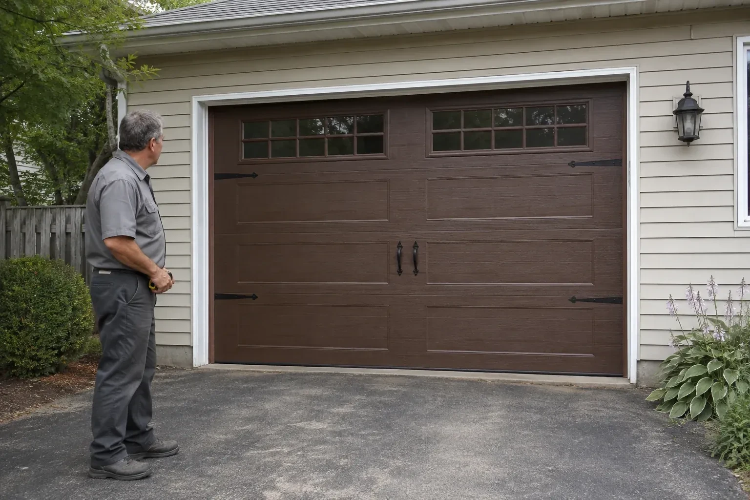 A person stands beside a closed brown garage door with upper windows and black decorative straps and handles. — Carriage-House Garage Door Installation, Bradford West Gwillimbury