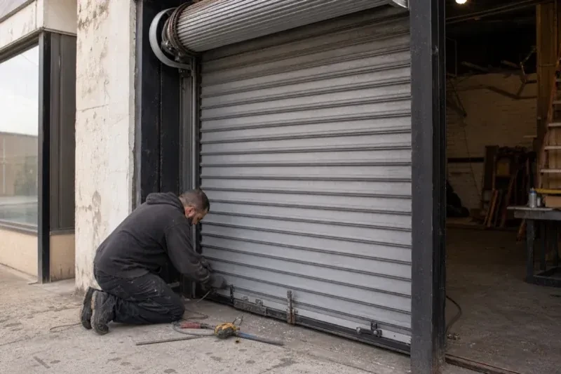 Person kneeling beside the bottom of a metal rolling door with tools on the ground — Commercial Rolling Door Repair, Bradford West Gwillimbury