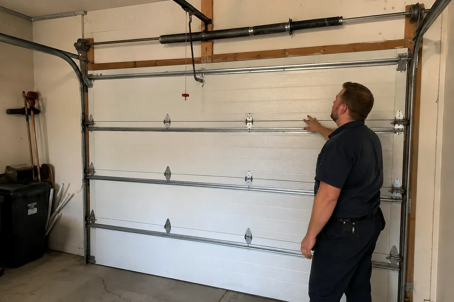 A person stands beside a closed sectional door beneath its overhead spring assembly. — Garage Door Balance Adjustment, Bradford West Gwillimbury