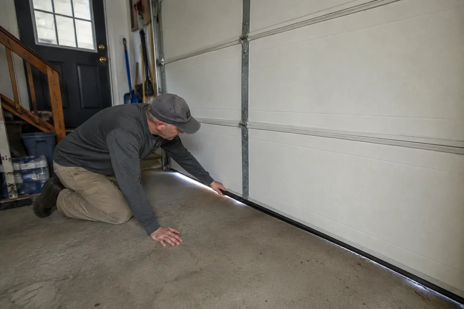 A person kneels beside the black bottom seal of a garage door, with daylight visible beneath the edge. — Garage Door Bottom Seal Replacement, Bradford West Gwillimbury