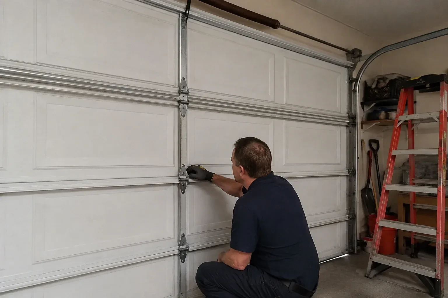 A person examines a central hinge joining two sections of a closed garage door. — Garage Door Hinge Replacement, Bradford West Gwillimbury
