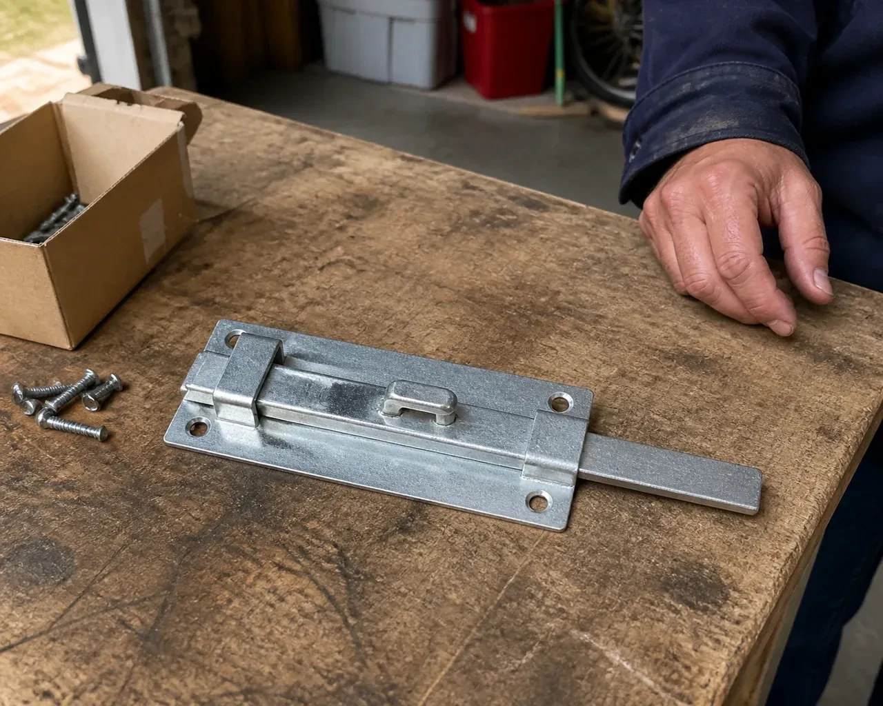 A detached metal slide bolt with mounting holes and retaining guides rests beside screws on a workbench. — Garage Door Manual Lock Repair, Bradford West Gwillimbury