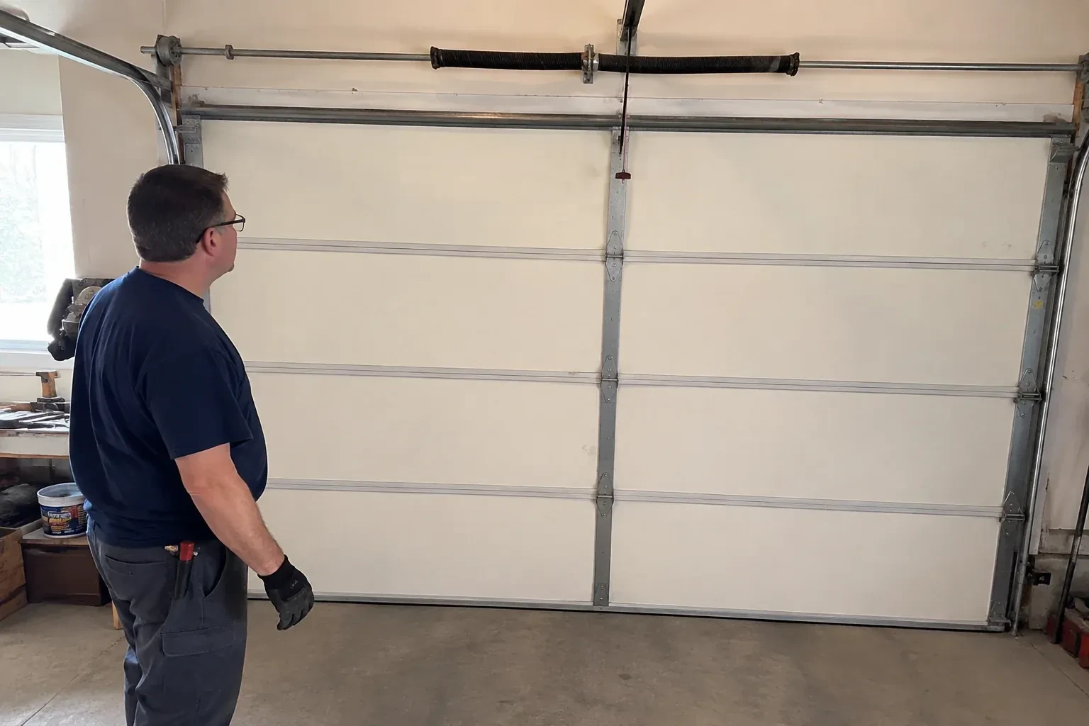 Illustrative garage doors scene; not an actual job — Off-Track Garage Door Reset, Bradford West Gwillimbury