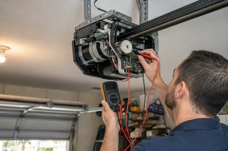 Person holding a multimeter and a red probe near the exposed circuit board of an overhead garage-door opener. — Garage Door Opener Diagnosis and Repair, Bradford West Gwillimbury
