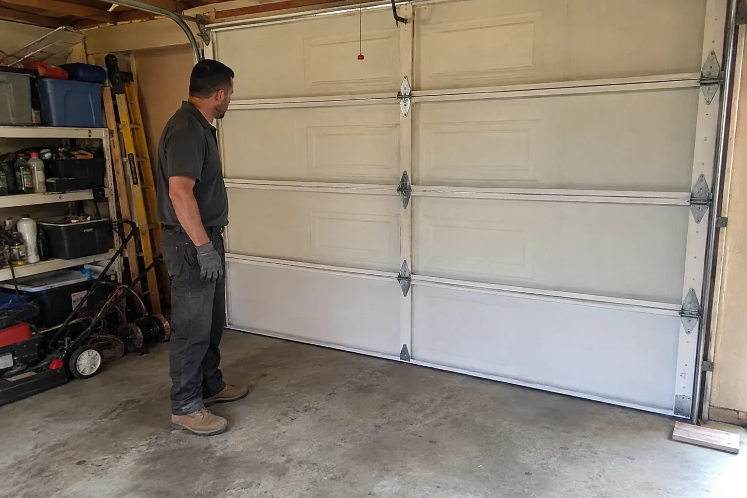 A person examines the interior panels and hinges of a closed sectional garage door. — Garage Door Panel Replacement, Bradford West Gwillimbury