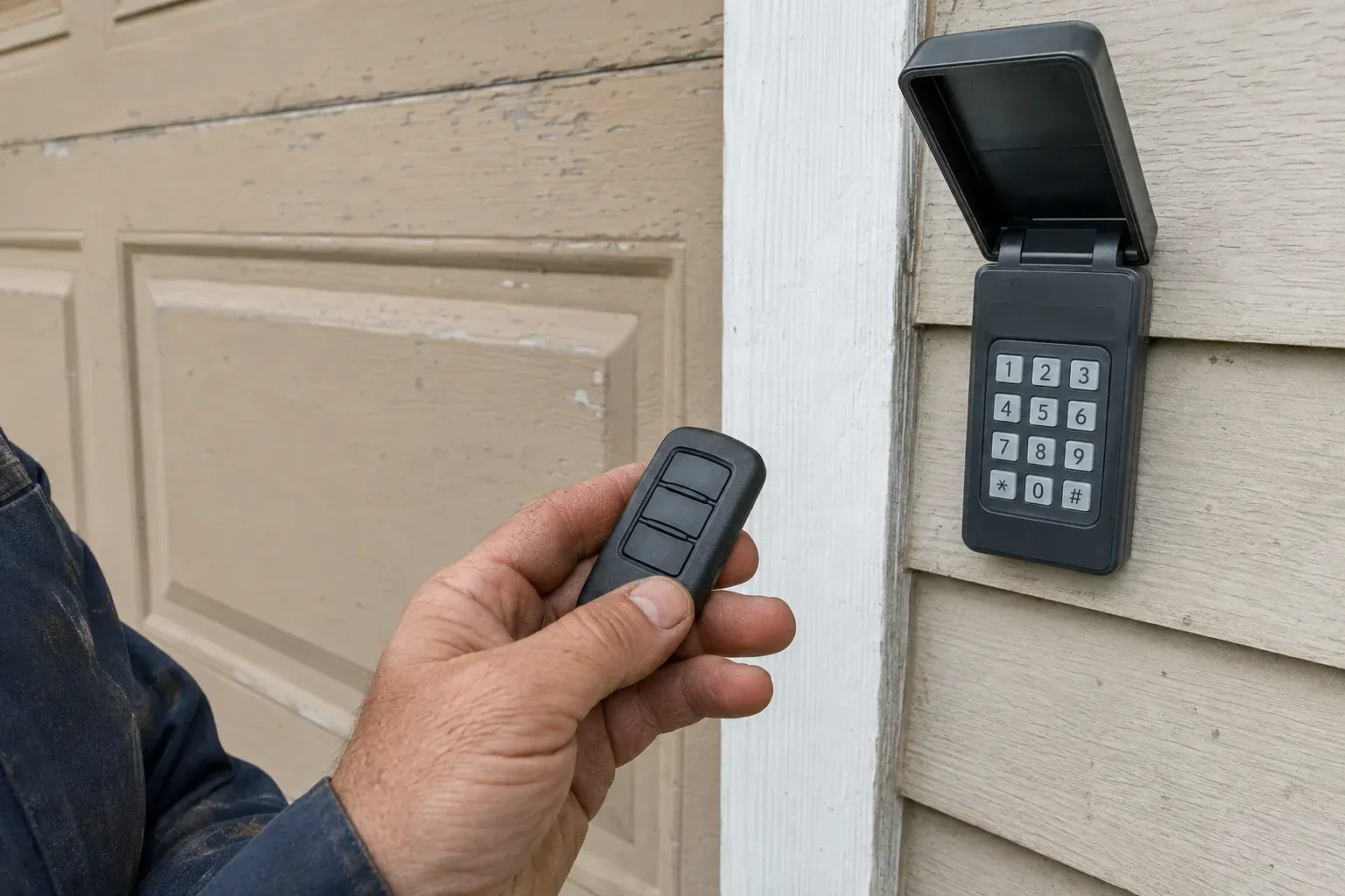 A hand holds a three-button remote beside an exterior garage keypad with its cover open. — Garage Door Remote and Keypad Programming, Bradford West Gwillimbury