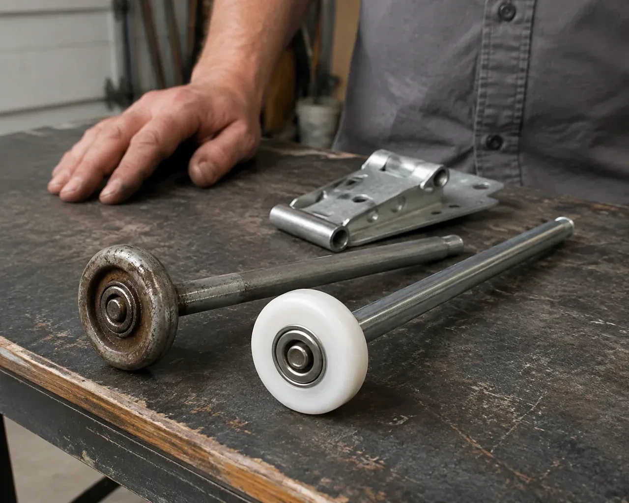 Steel and nylon garage-door rollers with long stems lie beside a detached hinge on a workbench. — Garage Door Roller Replacement, Bradford West Gwillimbury