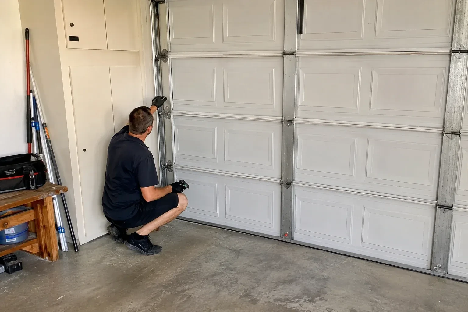 A person kneels beside the side track and hinges of a closed sectional garage door. — Garage Door Safety Inspection, Bradford West Gwillimbury