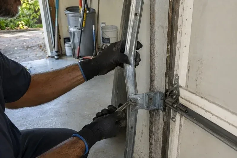 Gloved hands holding a vertical garage-door track and a wrench at its mounting bracket beside a door hinge. — Garage Door Track Repair or Replacement, Bradford West Gwillimbury