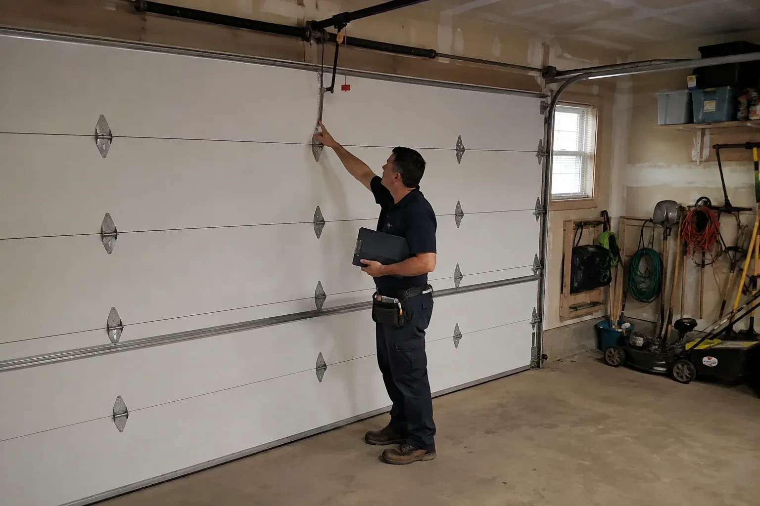 A person holding a clipboard examines the interior hardware of a closed garage door. — Garage Door Tune-Up, Bradford West Gwillimbury