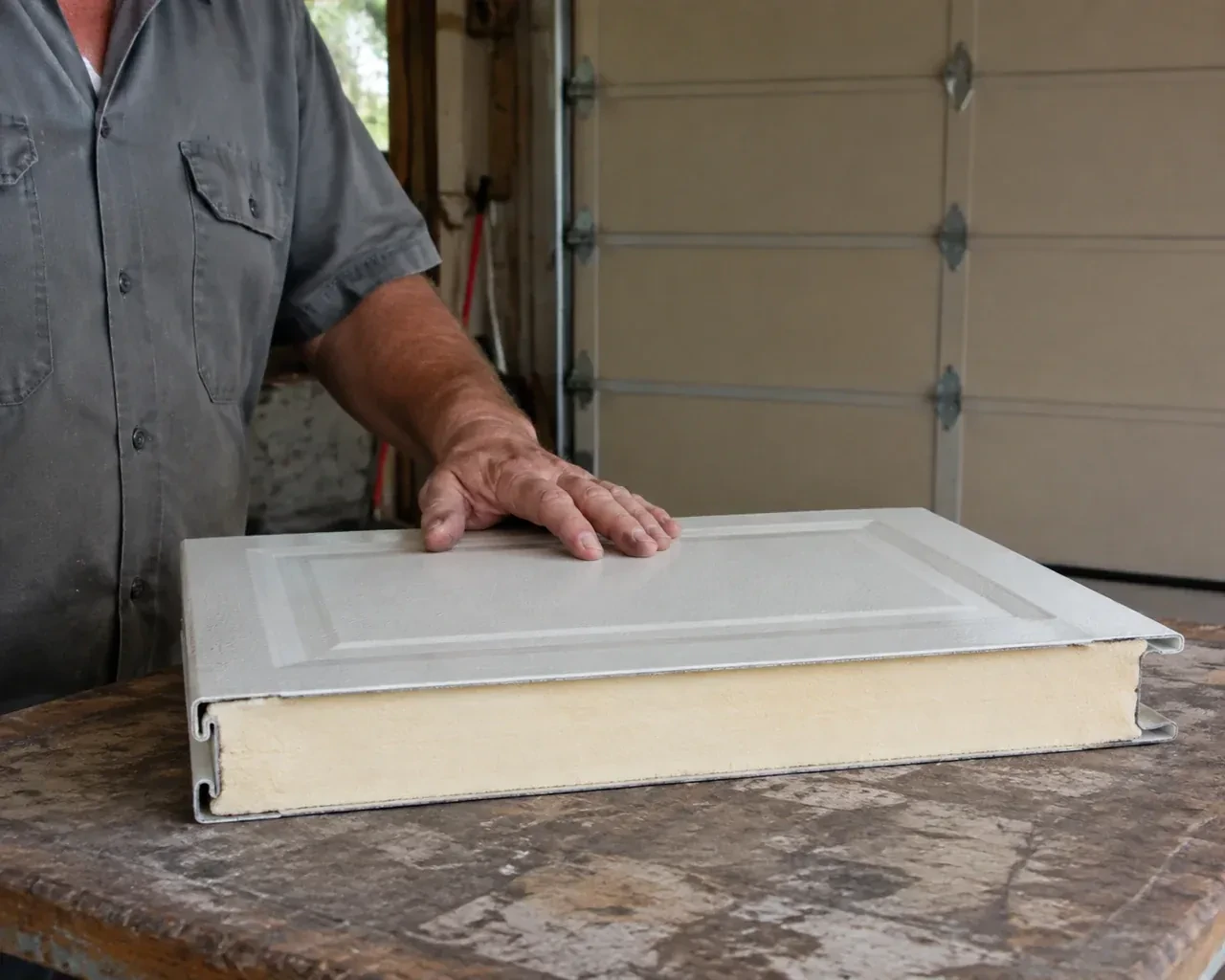 A panel sample exposes a cream foam core between thin metal faces on a garage workbench. — Insulated Steel Garage Door Installation, Bradford West Gwillimbury