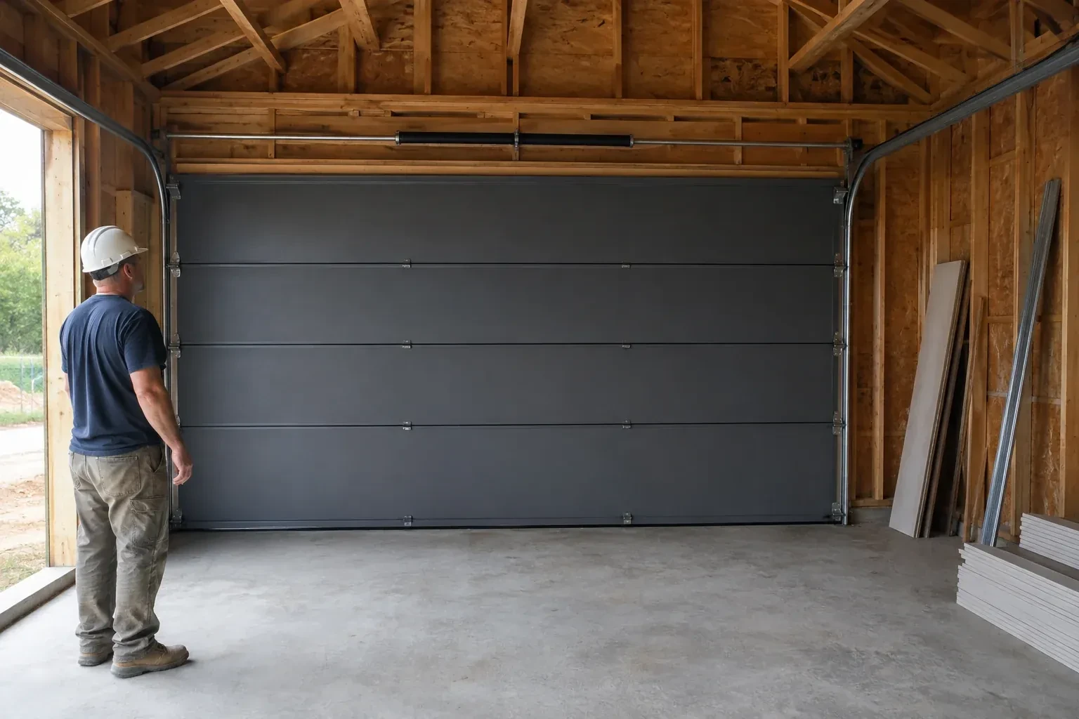 A person wearing a hard hat stands beside a dark sectional door in an unfinished timber-framed garage. — New-Construction Garage Door Installation, Bradford West Gwillimbury
