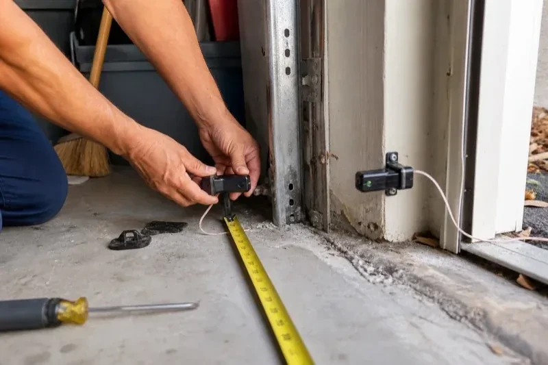 Hands holding a small wired device beside another mounted device and a tape measure at a garage-door opening — Photo-Eye Sensor Alignment or Replacement, Bradford West Gwillimbury