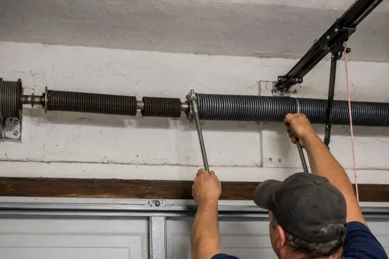 Person holding metal bars beside exposed coiled springs above a garage door. — Torsion Spring Replacement, Bradford West Gwillimbury
