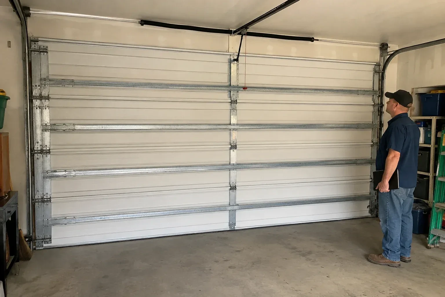 A person examines horizontal metal reinforcement members across the interior of a closed garage door. — Wind-Rated Garage Door Replacement, Bradford West Gwillimbury